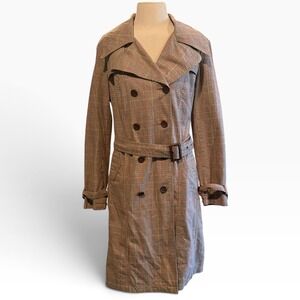 Merona Womens Glen Plaid Trench Coat Tan Red Double Breasted Belted Large